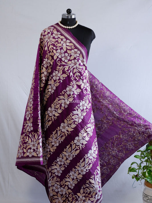 Kantha Hand-Embroidered Dupatta | Pure Bangalore Silk | Silk Marked | Purple