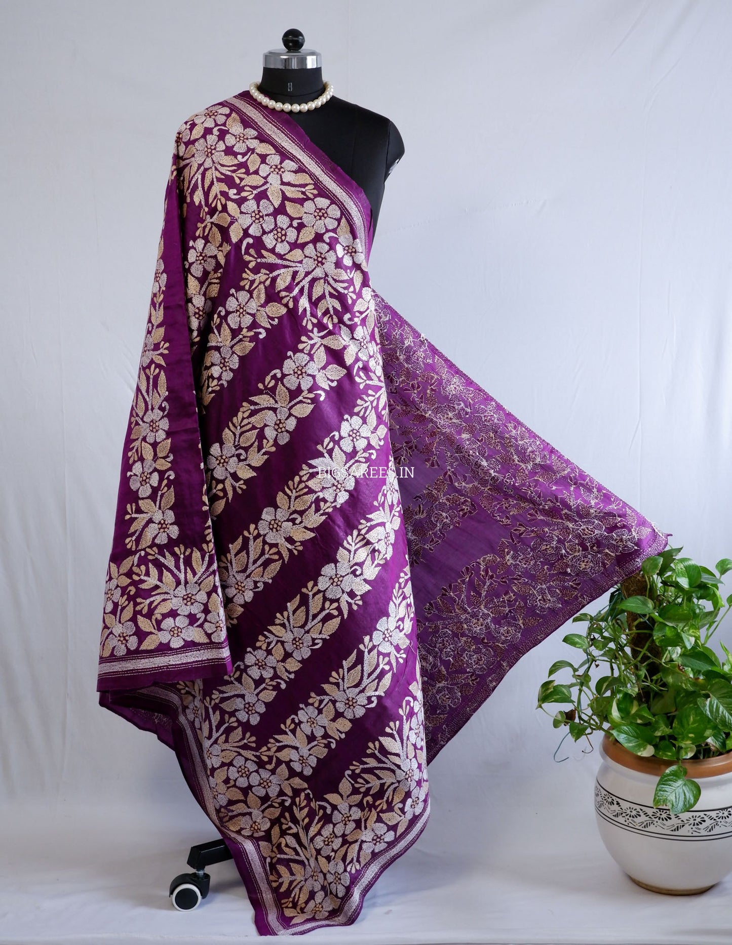 Kantha Hand-Embroidered Dupatta | Pure Bangalore Silk | Silk Marked | Purple