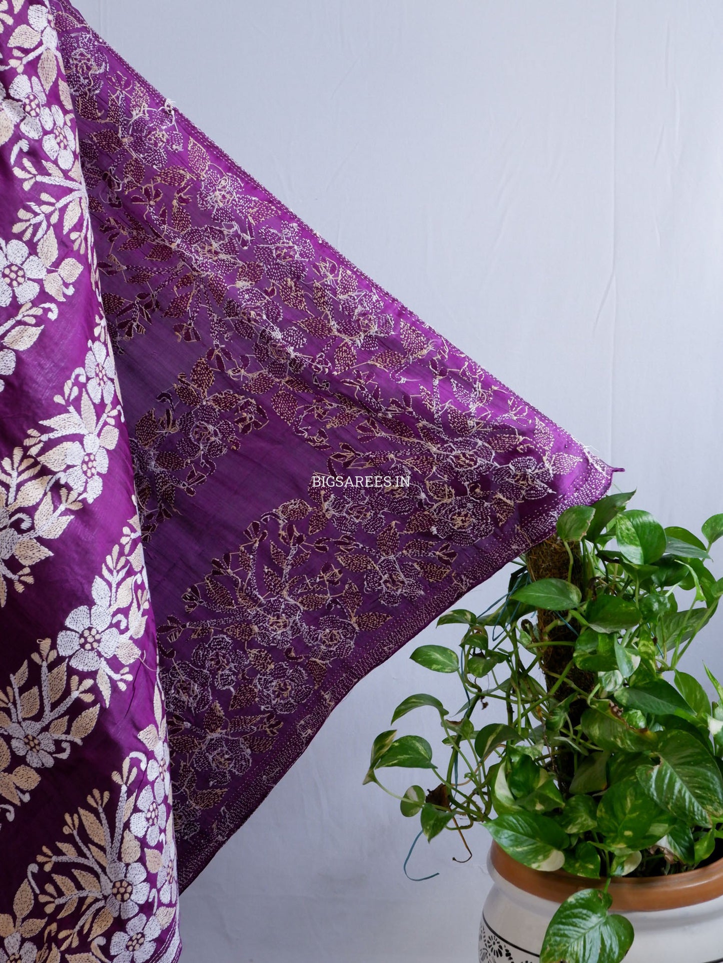 Kantha Hand-Embroidered Dupatta | Pure Bangalore Silk | Silk Marked | Purple