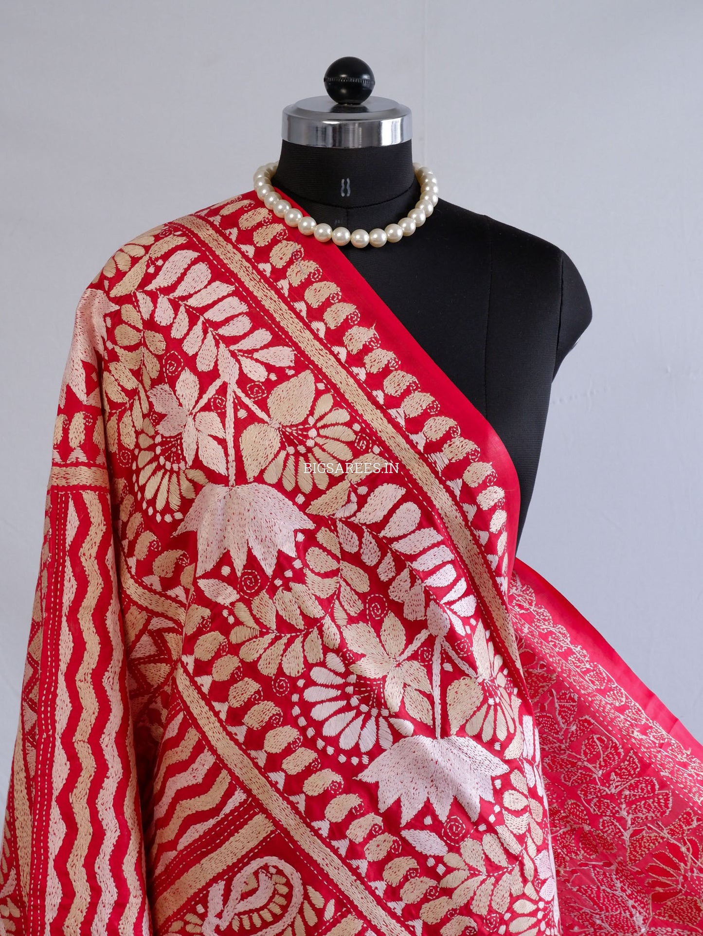 Kantha Hand-Embroidered Dupatta | Pure Bangalore Silk | Silk Marked | red