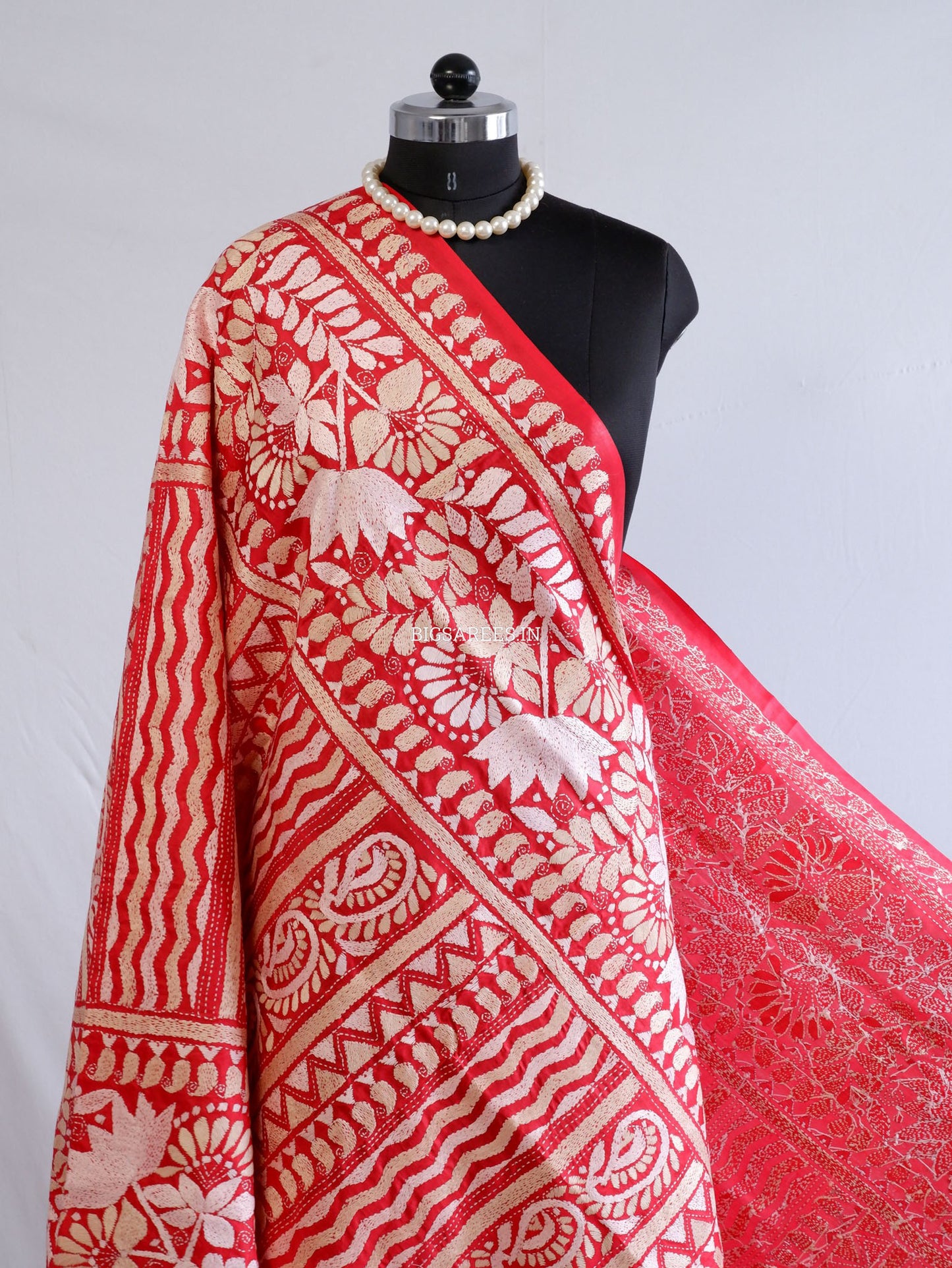 Kantha Hand-Embroidered Dupatta | Pure Bangalore Silk | Silk Marked | red