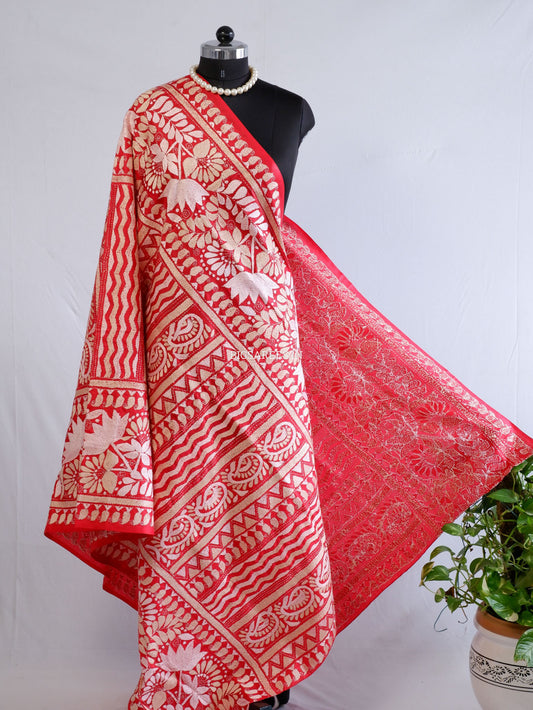 Kantha Hand-Embroidered Dupatta | Pure Bangalore Silk | Silk Marked | red