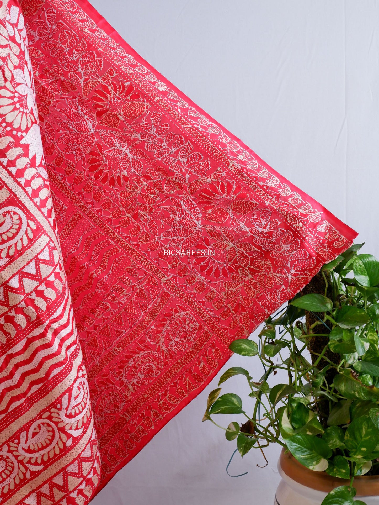 Kantha Hand-Embroidered Dupatta | Pure Bangalore Silk | Silk Marked | red