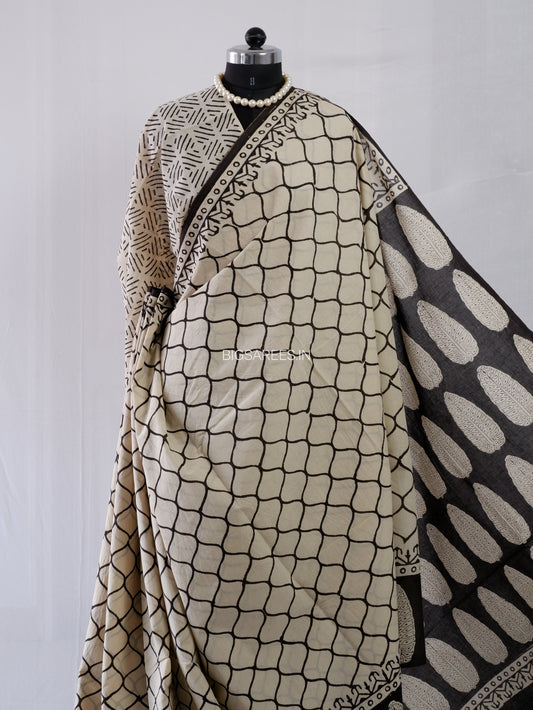 Hand Block Print Saree | Mal Mal Cotton | Soft Beige