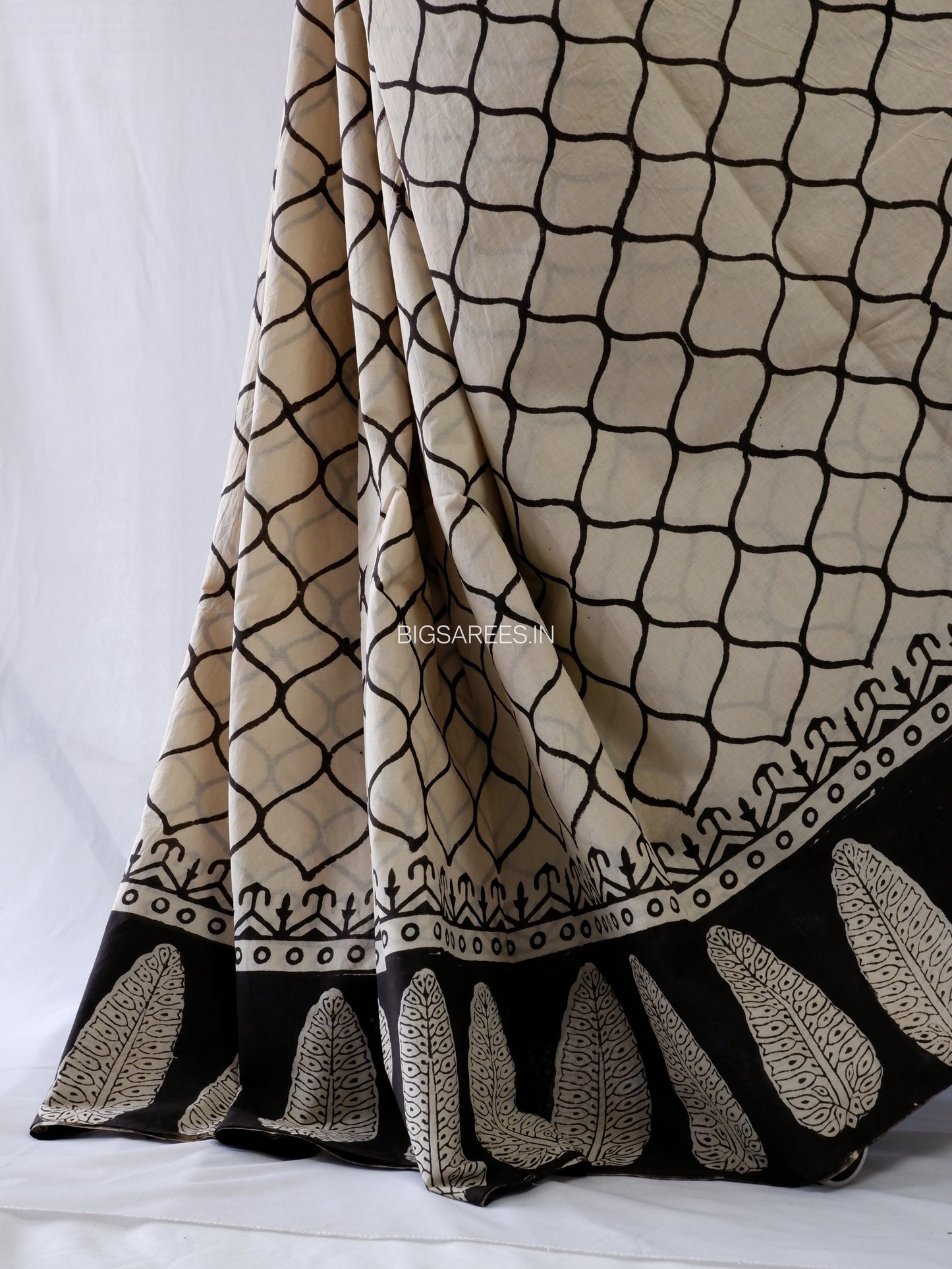 Hand Block Print Saree | Mal Mal Cotton | Soft Beige
