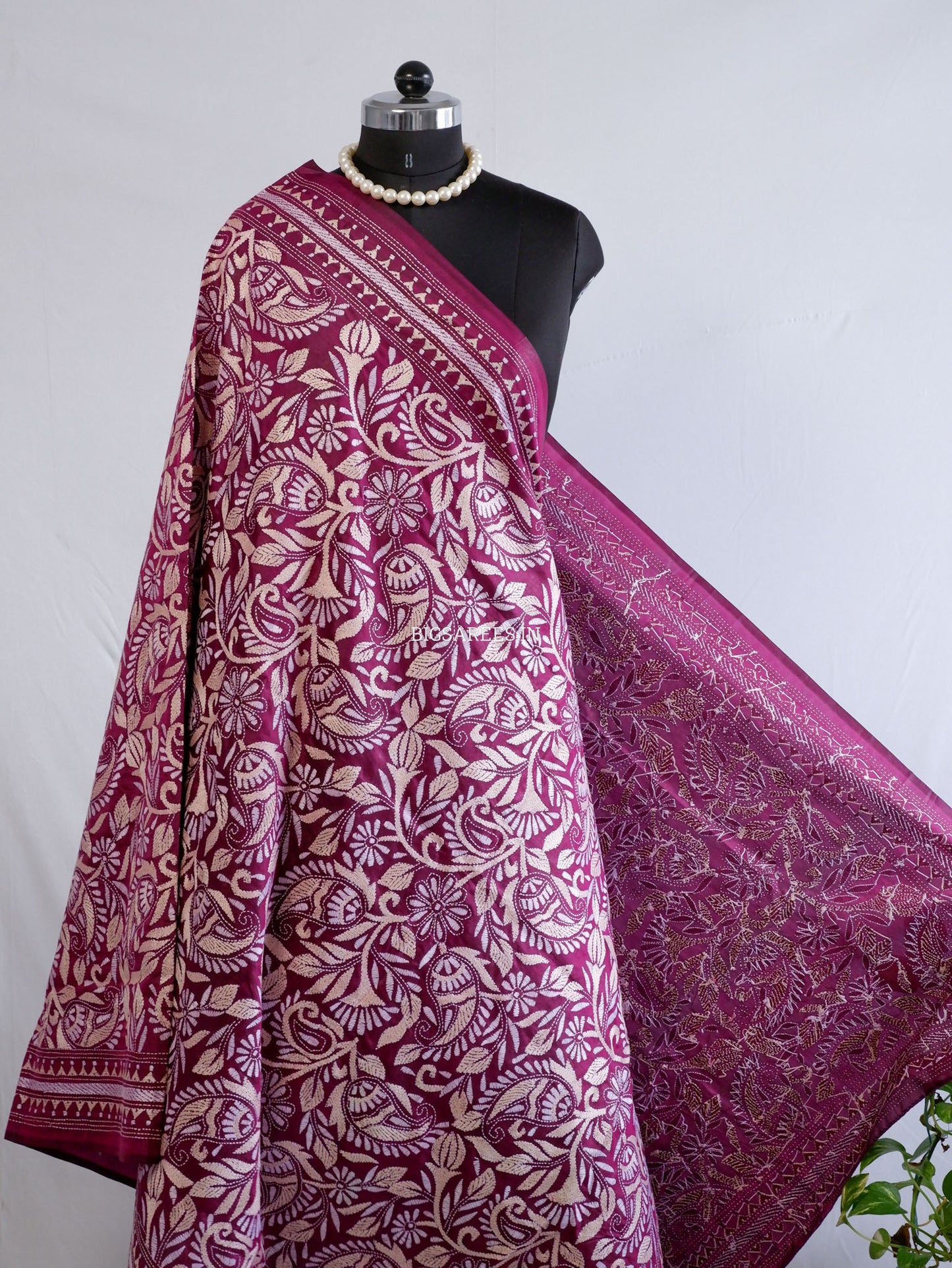 Kantha Hand-Embroidered Dupatta | Pure Bangalore Silk | Silk Marked | Purple