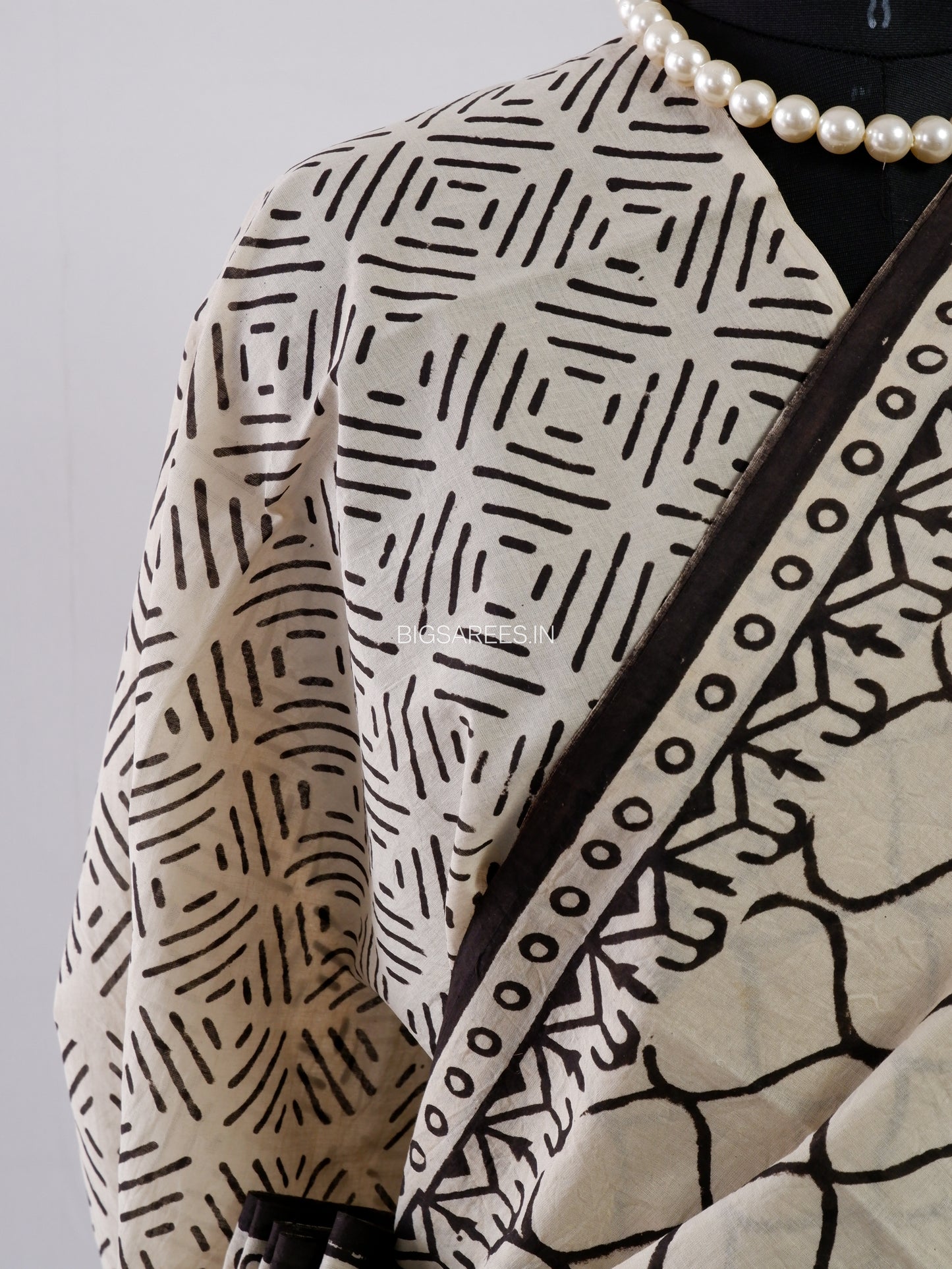 Hand Block Print Saree | Mal Mal Cotton | Soft Beige