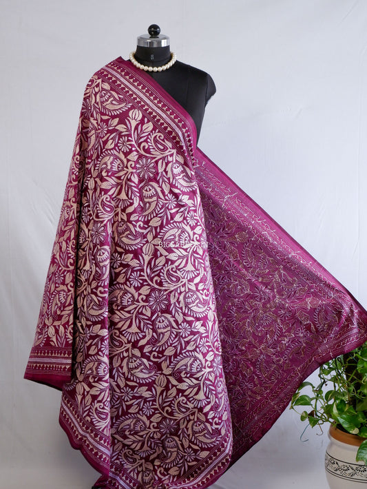 Kantha Hand-Embroidered Dupatta | Pure Bangalore Silk | Silk Marked | Purple