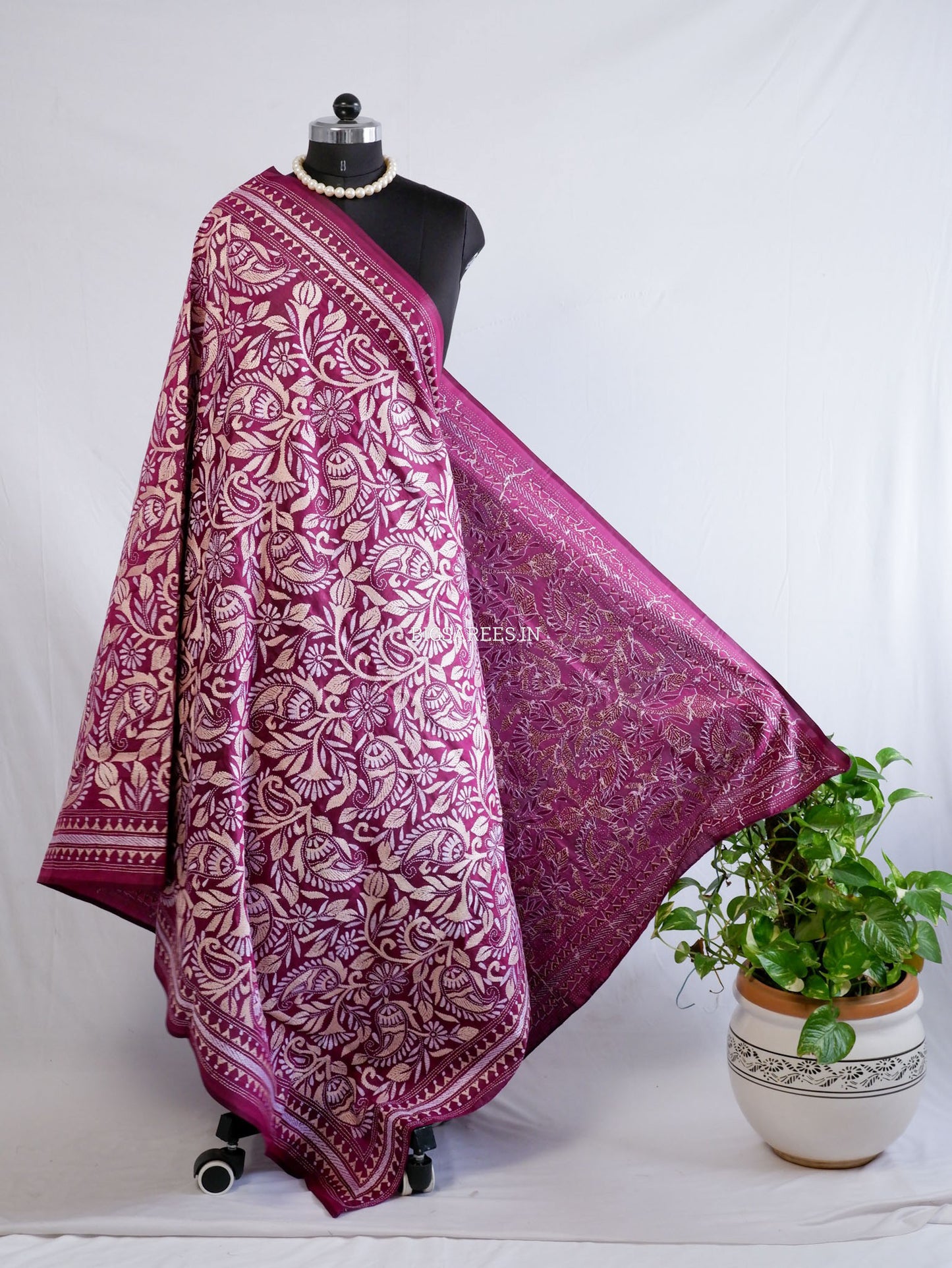 Kantha Hand-Embroidered Dupatta | Pure Bangalore Silk | Silk Marked | Purple
