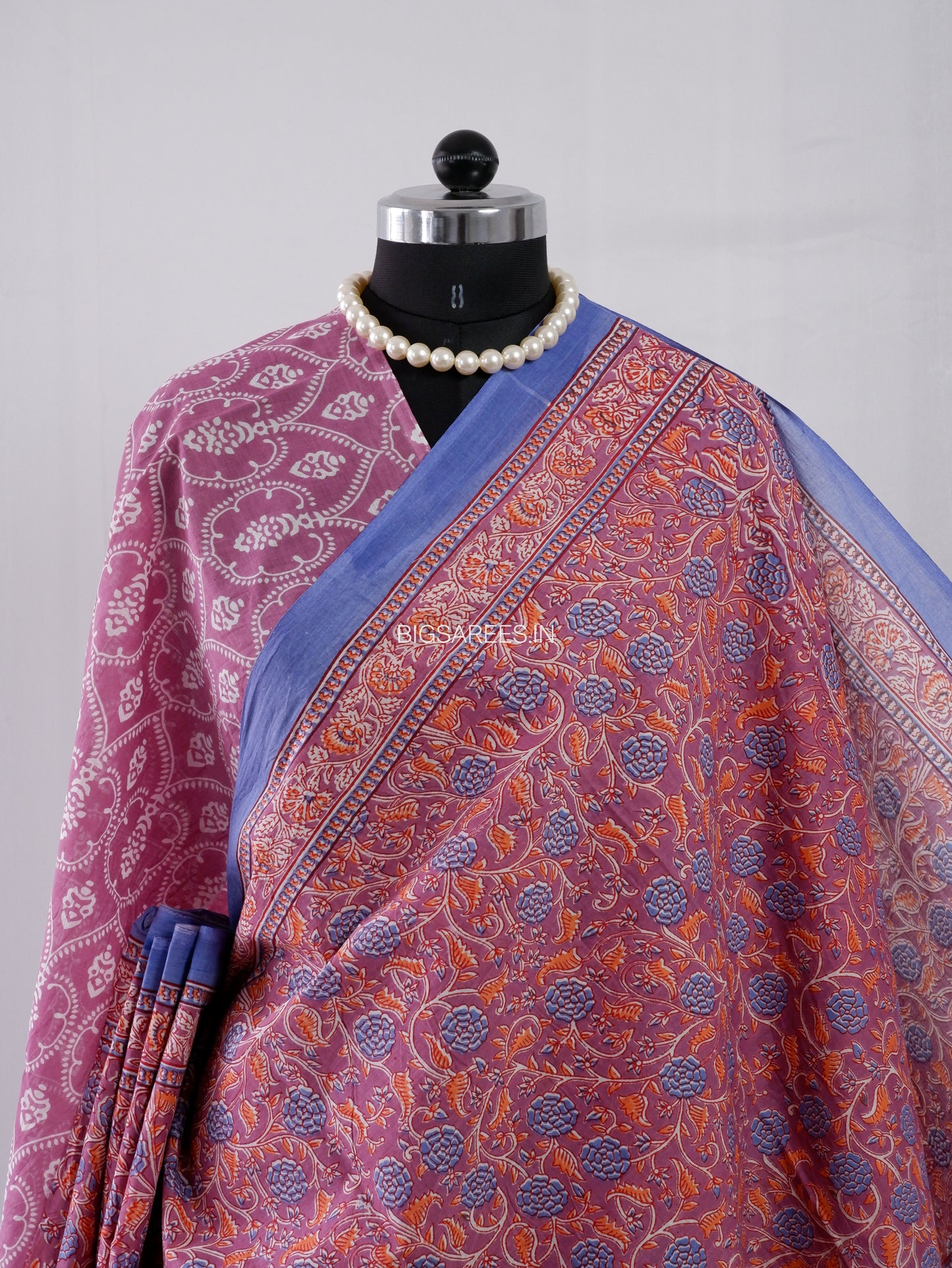 Hand Block Print Saree | Mal Mal Cotton | Rose Pink