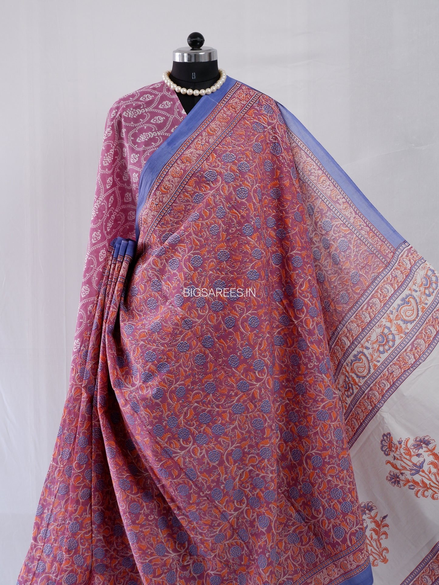 Hand Block Print Saree | Mal Mal Cotton | Rose Pink