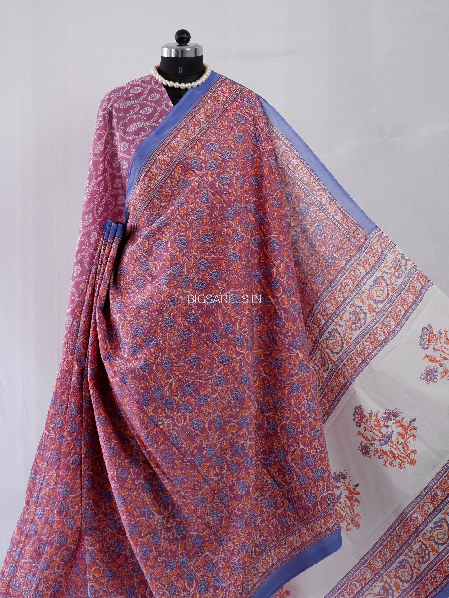 Hand Block Print Saree | Mal Mal Cotton | Rose Pink