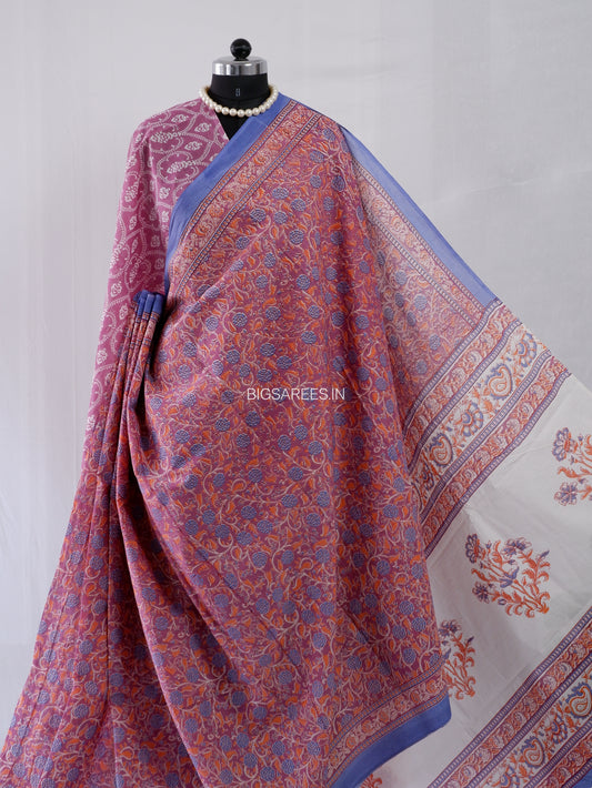 Hand Block Print Saree | Mal Mal Cotton | Rose Pink