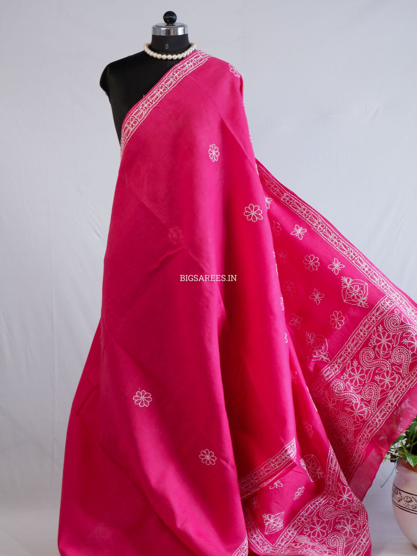Chikankari Hand-Embroidered Saree | Heavy Work | Cotton | Onion Pink