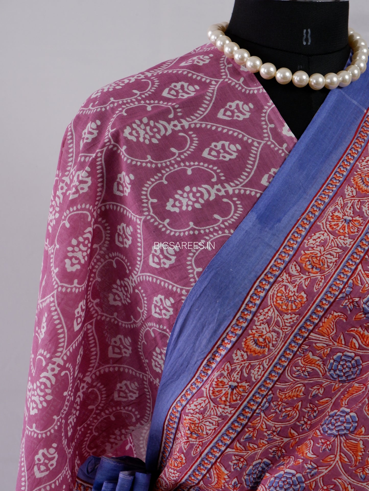 Hand Block Print Saree | Mal Mal Cotton | Rose Pink