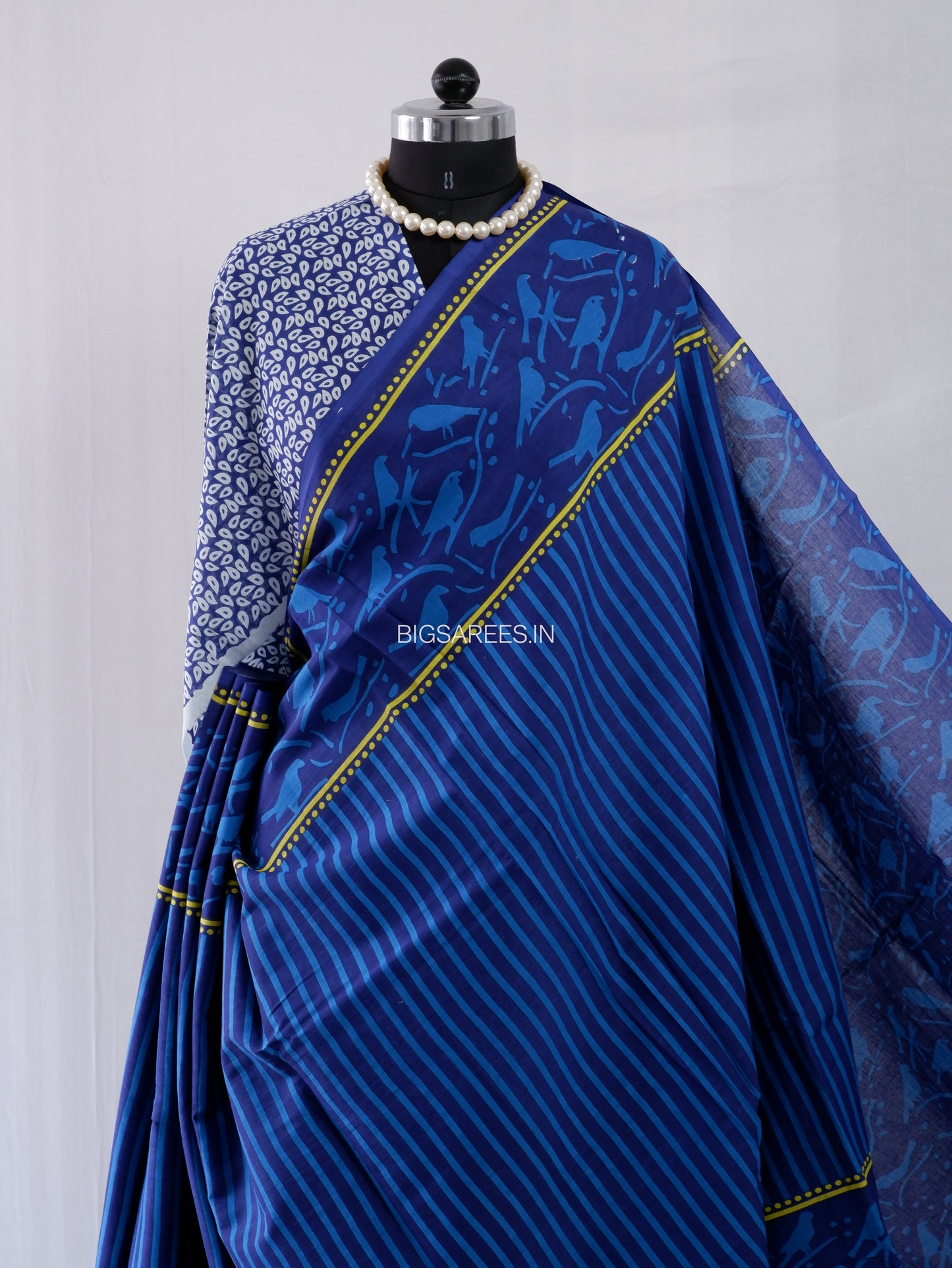 Hand Block Print Saree | Mal Mal Cotton | Indigo Blue