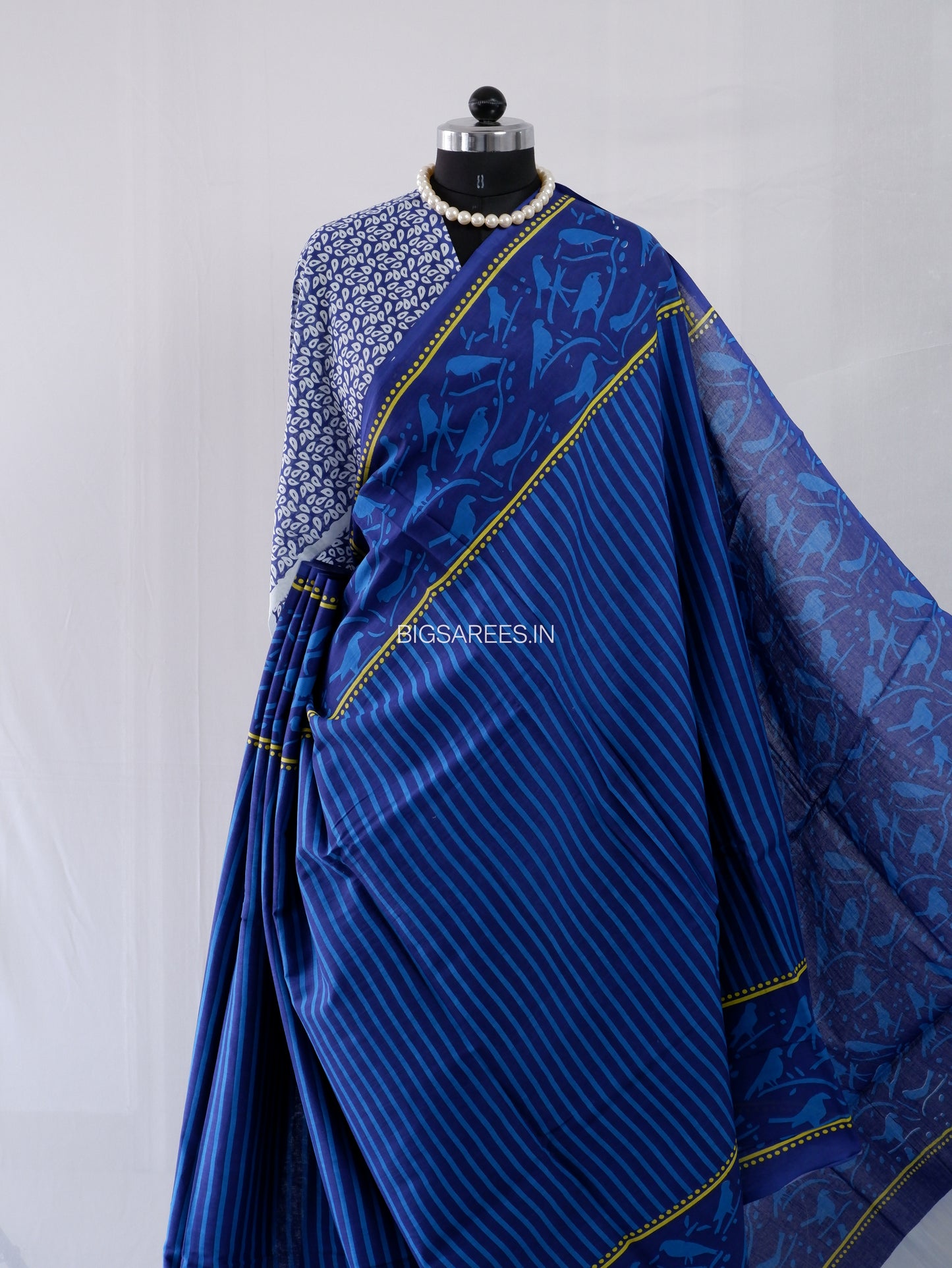 Hand Block Print Saree | Mal Mal Cotton | Indigo Blue