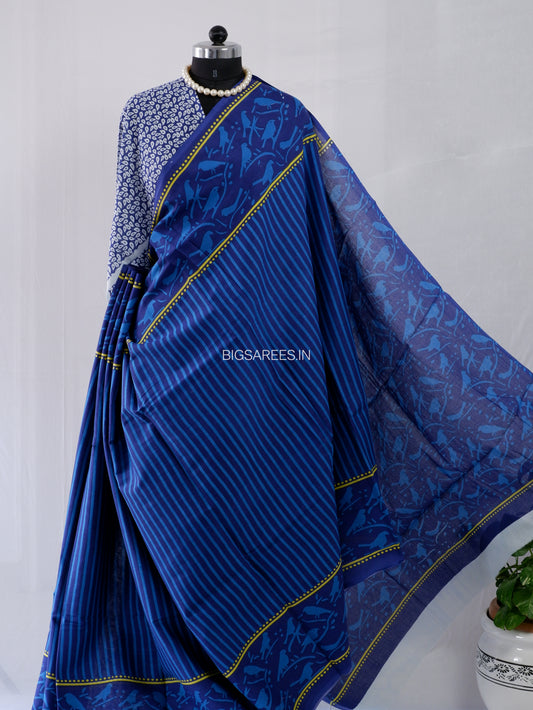 Hand Block Print Saree | Mal Mal Cotton | Indigo Blue