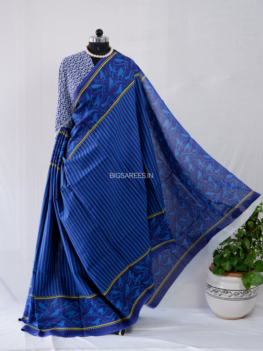 Hand Block Print Saree | Mal Mal Cotton | Indigo Blue