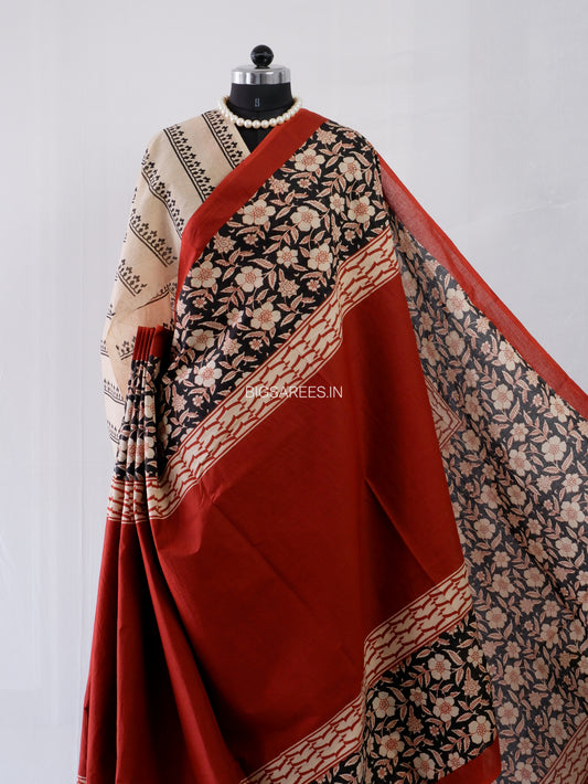 Hand Block Print Saree | Mal Mal Cotton | Deep Red