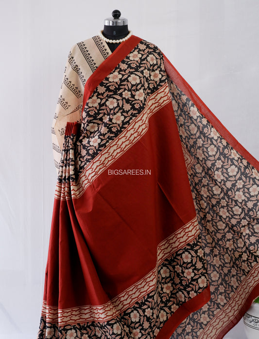 Hand Block Print Saree | Mal Mal Cotton | Deep Red