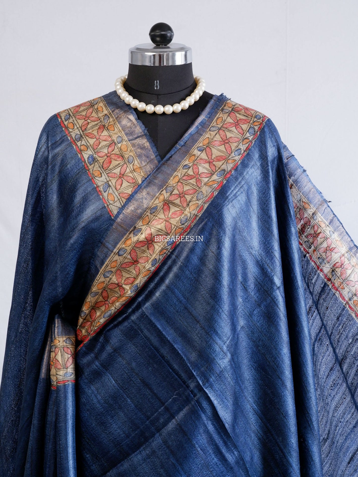 Handcrafted Madhubani Saree | Pure Tussar Ghicha Silk | Silk Mark Certified | Muted Blue