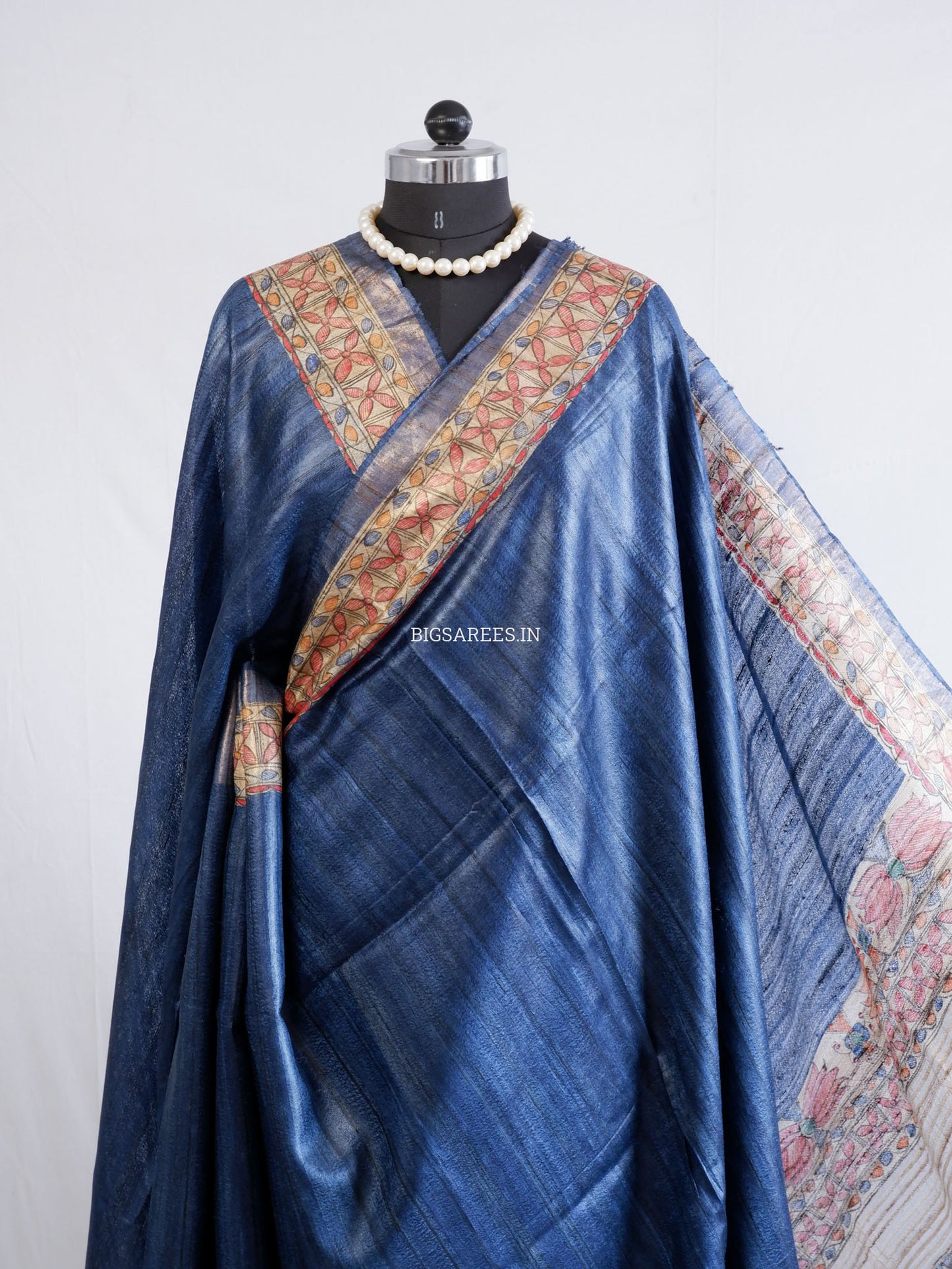 Handcrafted Madhubani Saree | Pure Tussar Ghicha Silk | Silk Mark Certified | Muted Blue