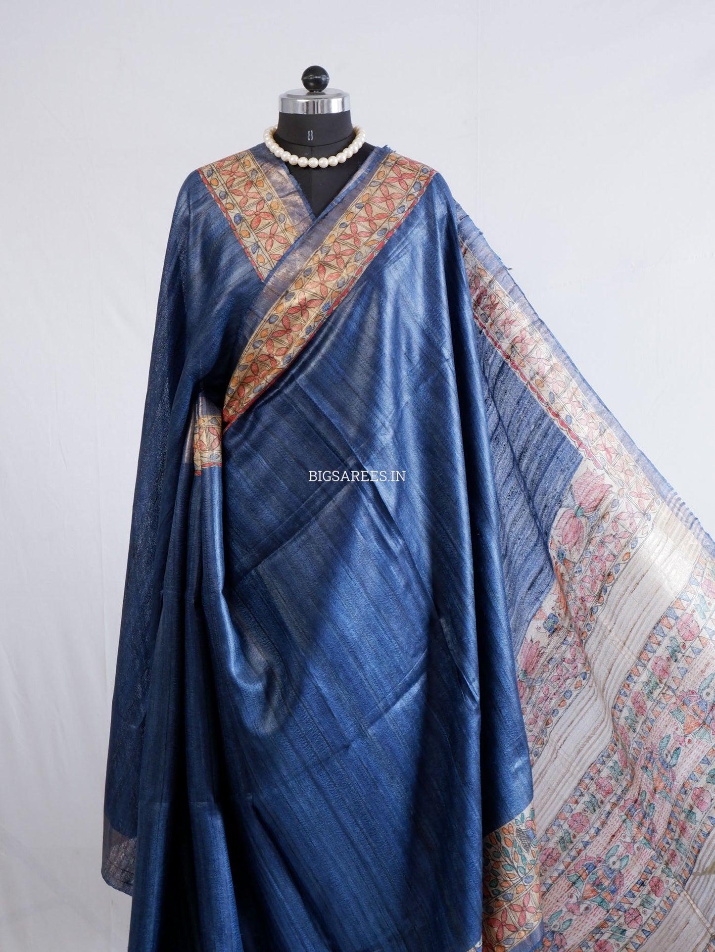 Handcrafted Madhubani Saree | Pure Tussar Ghicha Silk | Silk Mark Certified | Muted Blue