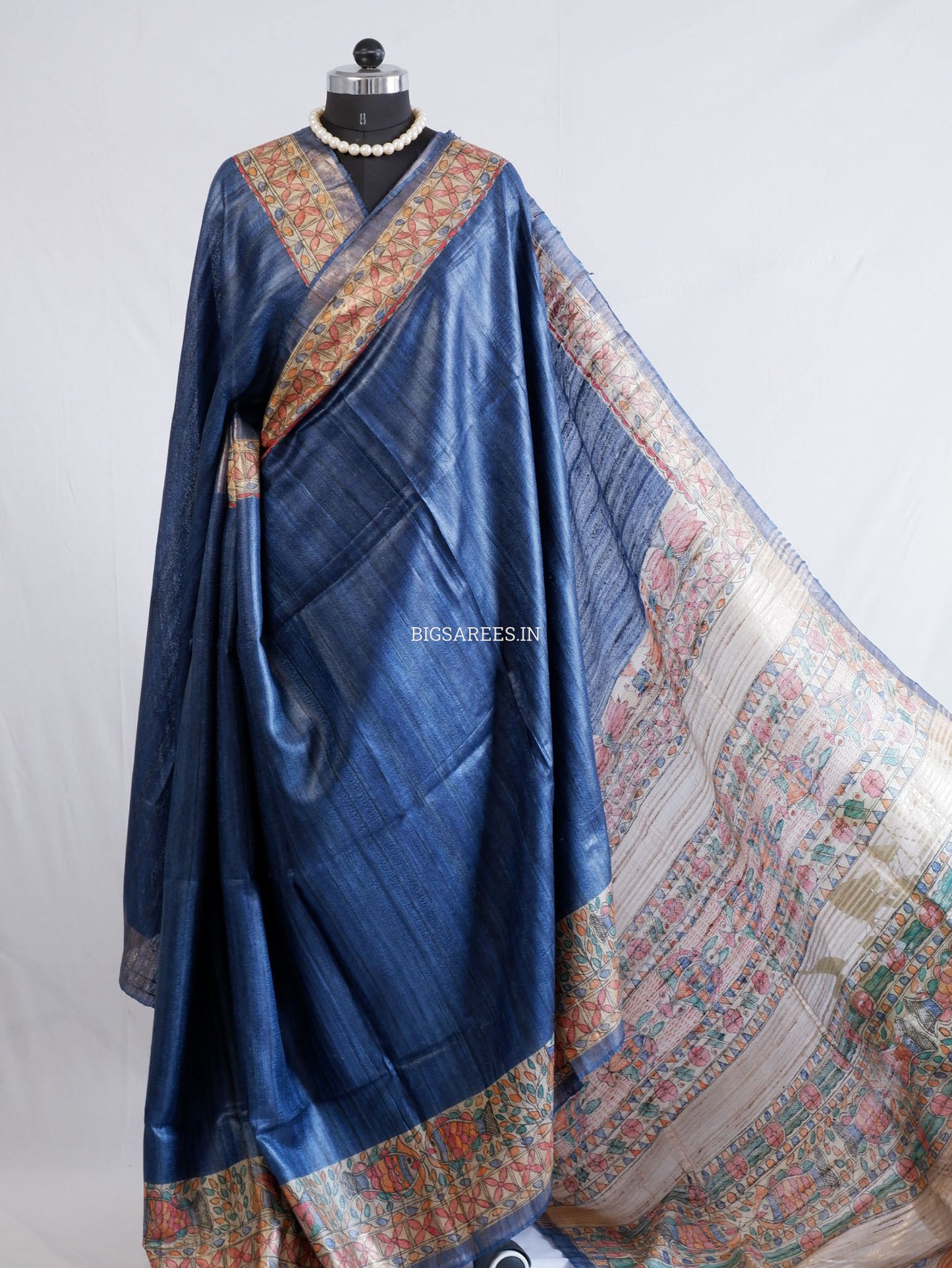 Handcrafted Madhubani Saree | Pure Tussar Ghicha Silk | Silk Mark Certified | Muted Blue