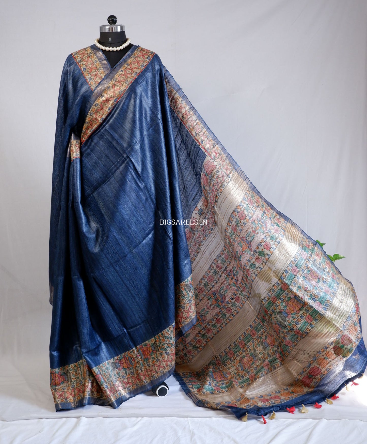 Handcrafted Madhubani Saree | Pure Tussar Ghicha Silk | Silk Mark Certified | Muted Blue