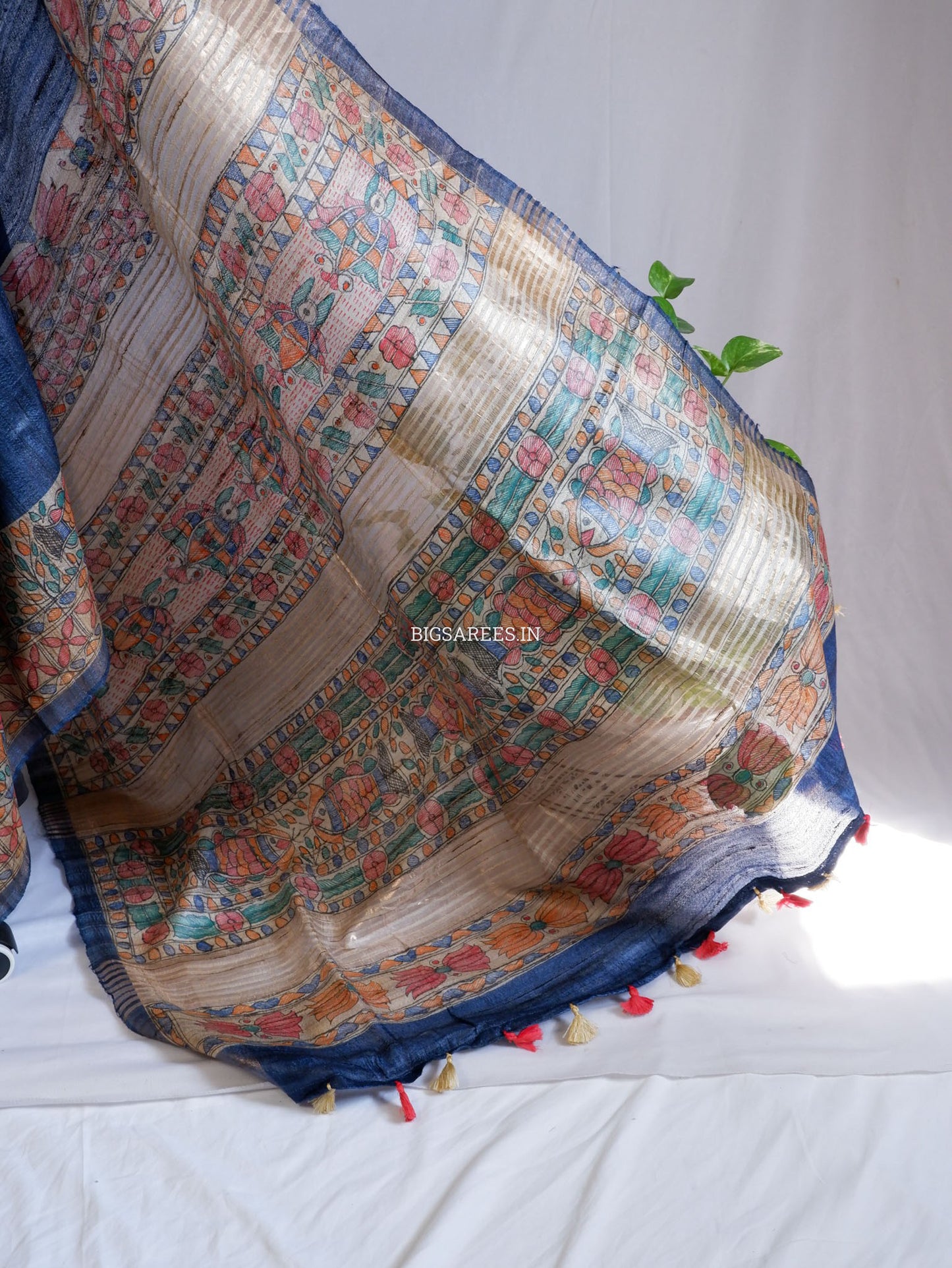 Handcrafted Madhubani Saree | Pure Tussar Ghicha Silk | Silk Mark Certified | Muted Blue