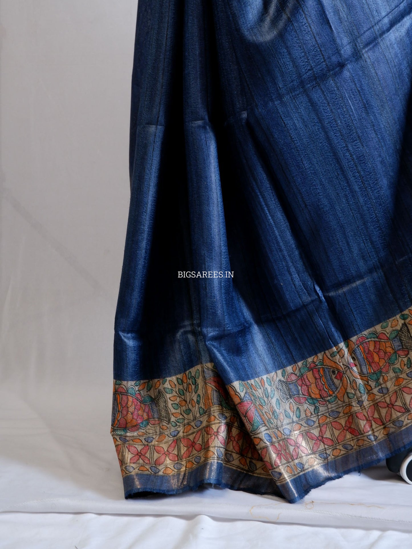 Handcrafted Madhubani Saree | Pure Tussar Ghicha Silk | Silk Mark Certified | Muted Blue