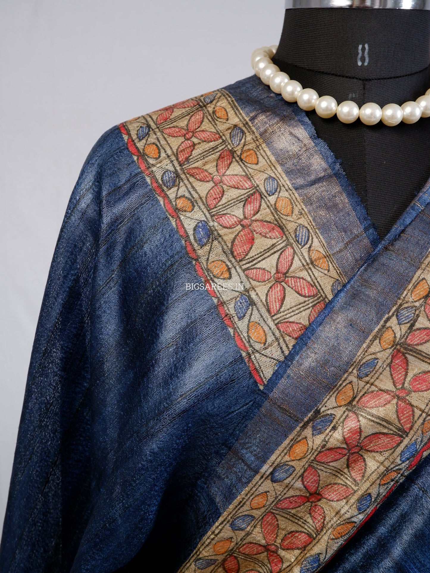 Handcrafted Madhubani Saree | Pure Tussar Ghicha Silk | Silk Mark Certified | Muted Blue