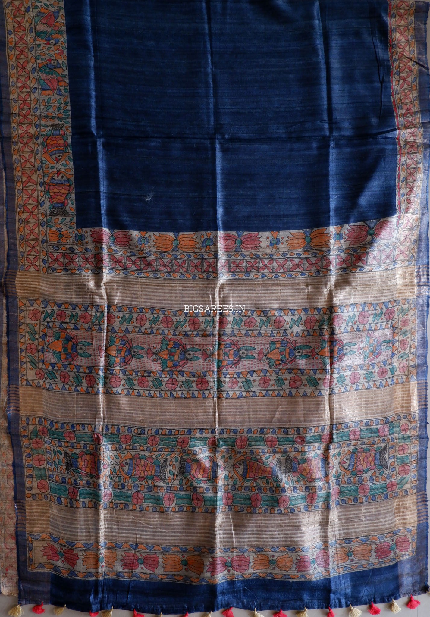 Handcrafted Madhubani Saree | Pure Tussar Ghicha Silk | Silk Mark Certified | Muted Blue