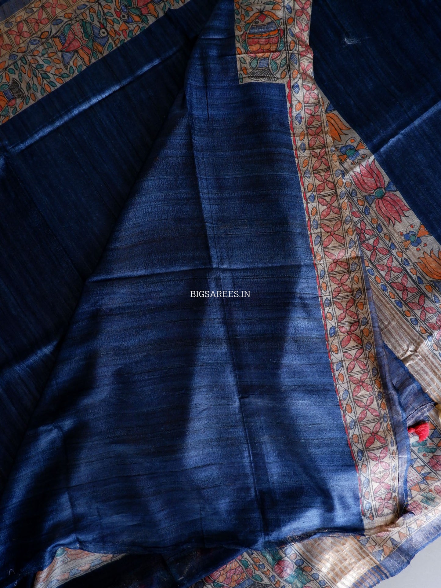 Handcrafted Madhubani Saree | Pure Tussar Ghicha Silk | Silk Mark Certified | Muted Blue