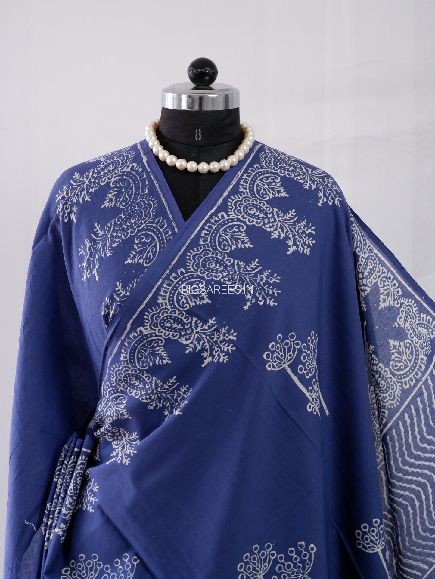 Hand Block Print Saree | Mal Mal Cotton | Indigo Blue