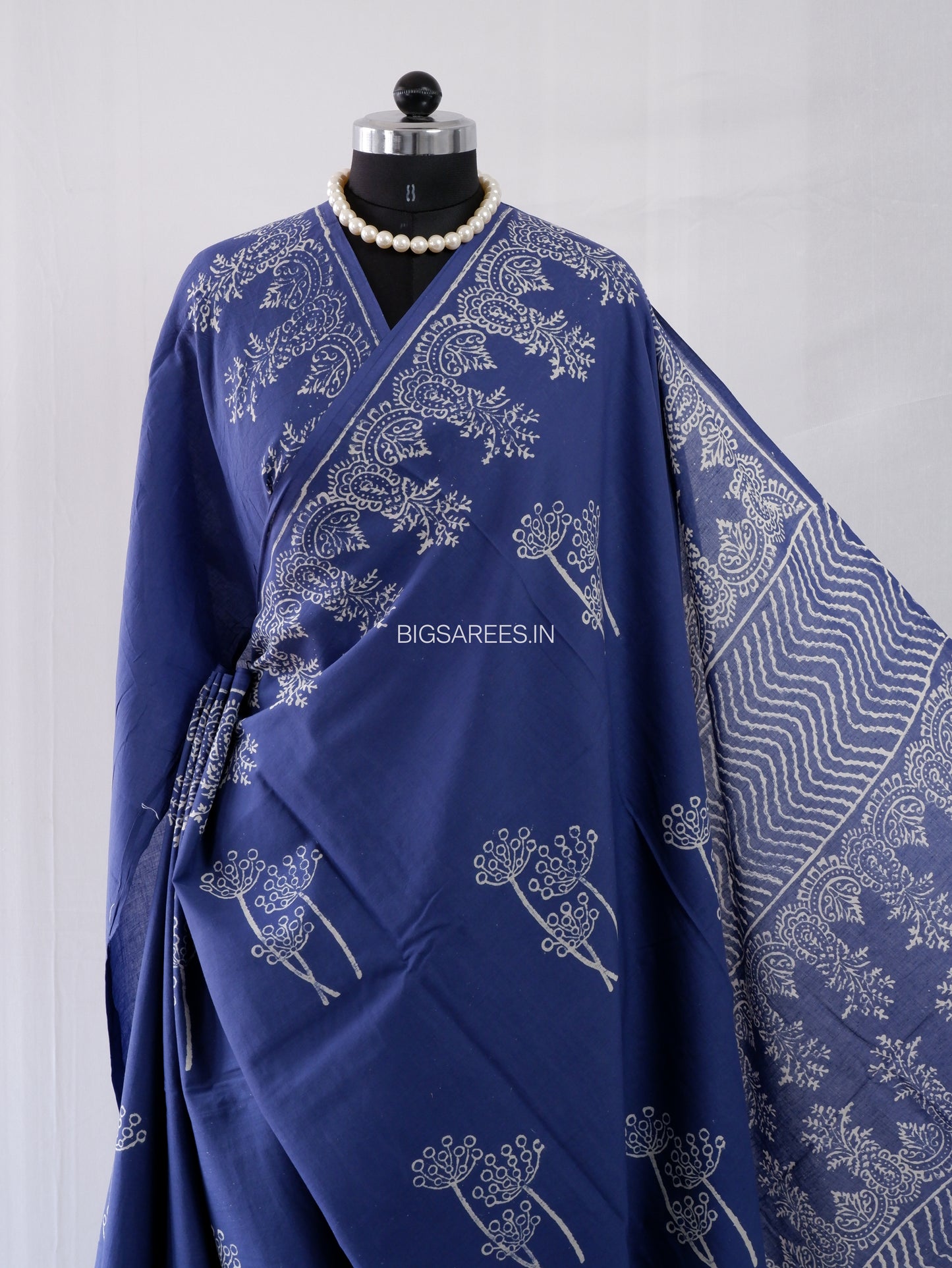 Hand Block Print Saree | Mal Mal Cotton | Indigo Blue
