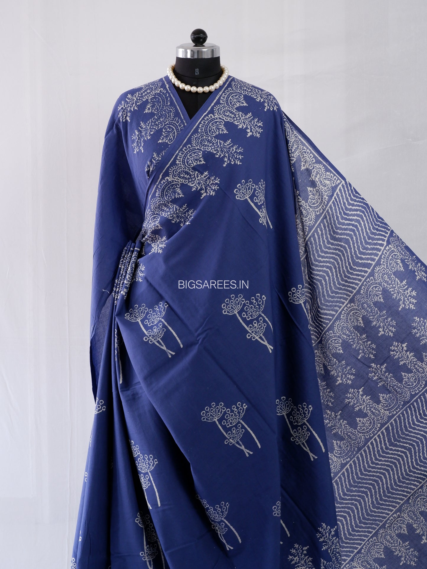 Hand Block Print Saree | Mal Mal Cotton | Indigo Blue