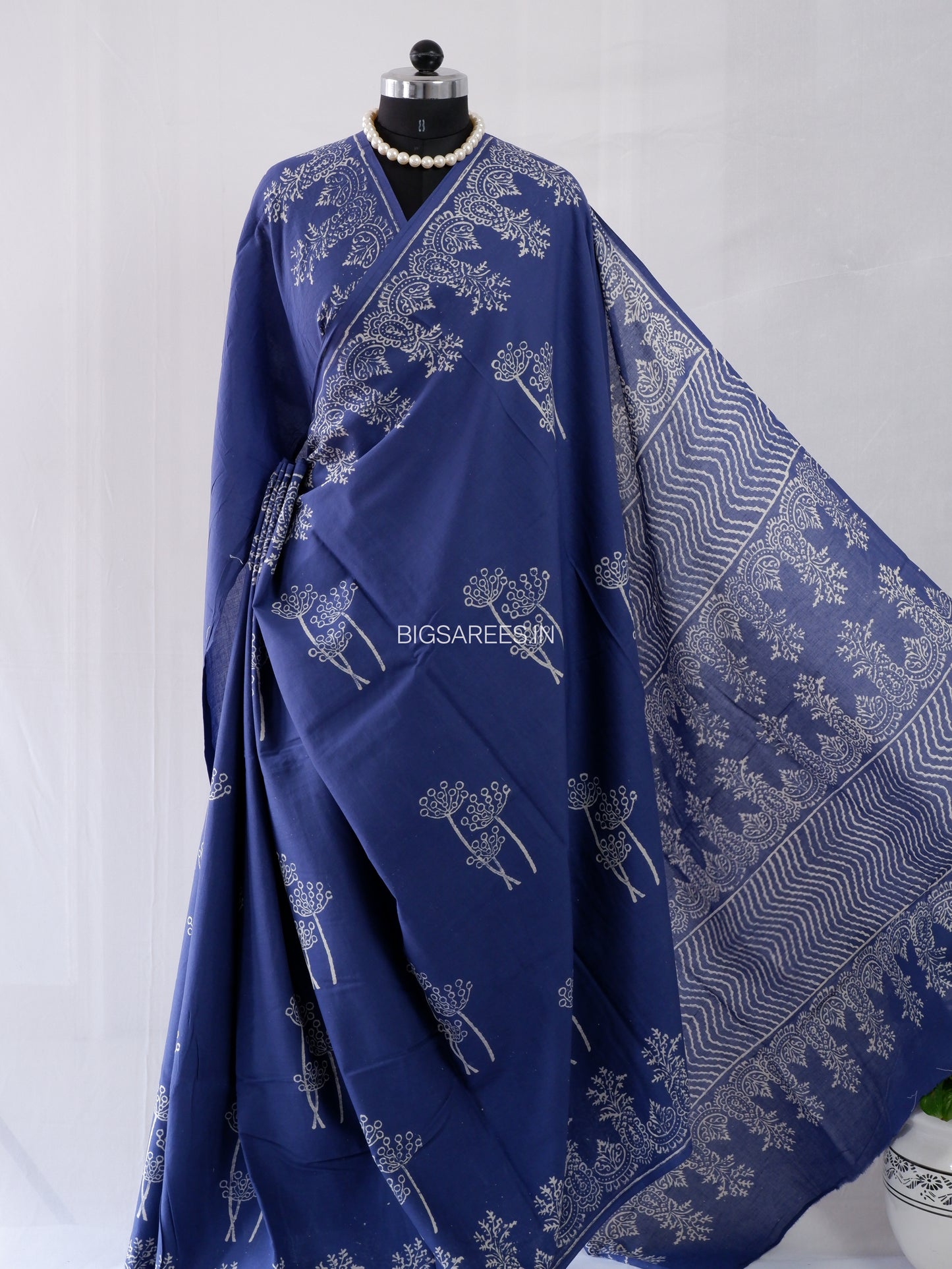 Hand Block Print Saree | Mal Mal Cotton | Indigo Blue
