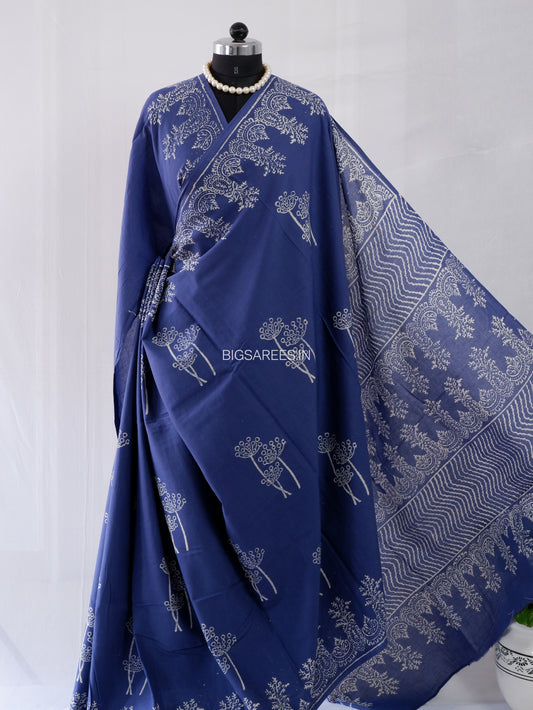 Hand Block Print Saree | Mal Mal Cotton | Indigo Blue