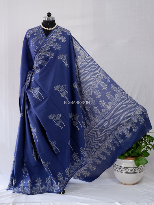 Hand Block Print Saree | Mal Mal Cotton | Indigo Blue