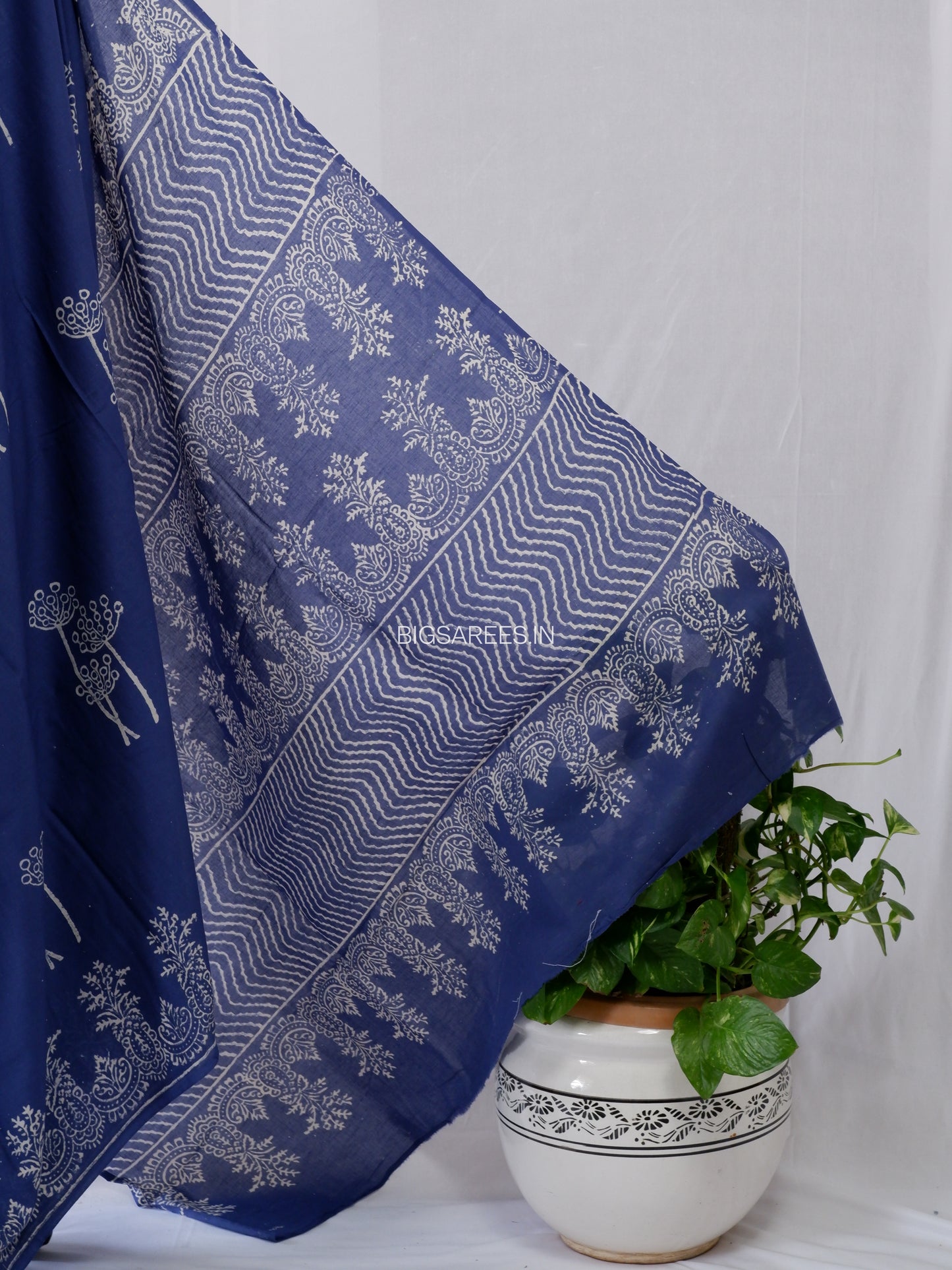 Hand Block Print Saree | Mal Mal Cotton | Indigo Blue