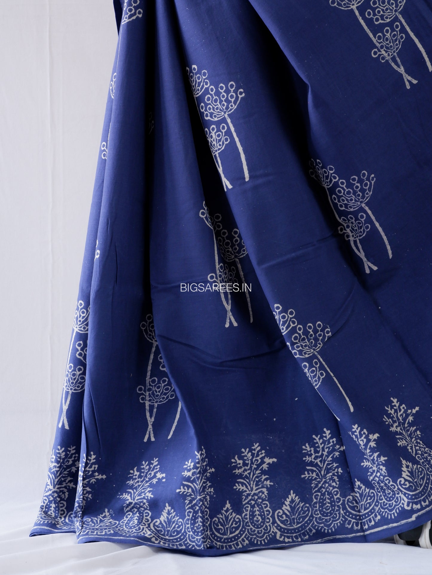 Hand Block Print Saree | Mal Mal Cotton | Indigo Blue
