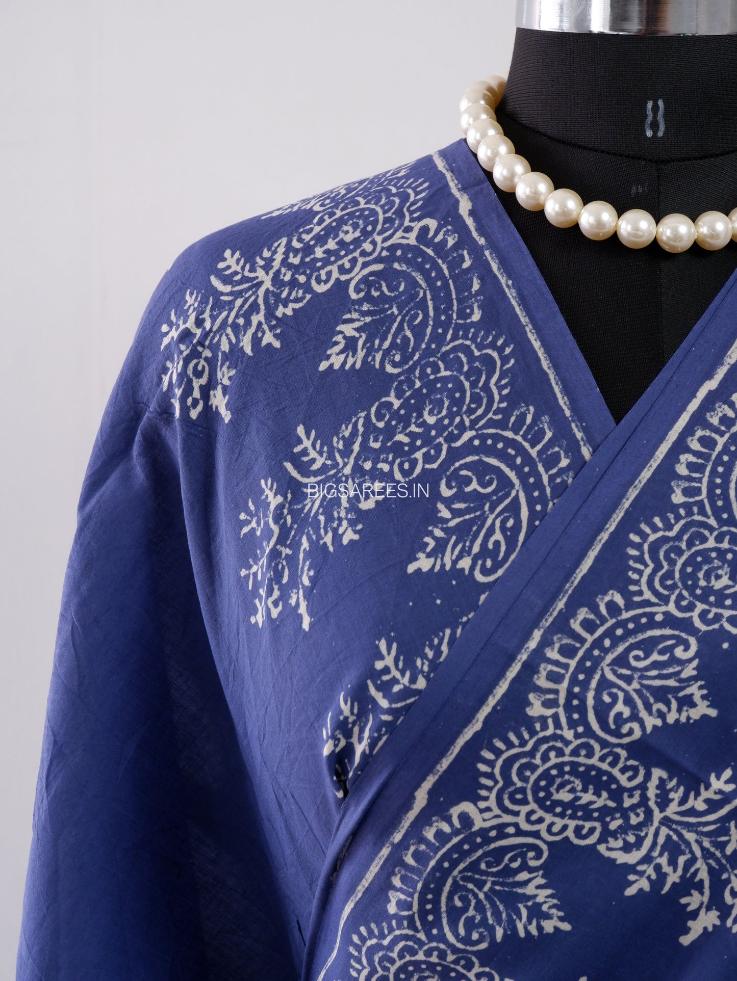 Hand Block Print Saree | Mal Mal Cotton | Indigo Blue