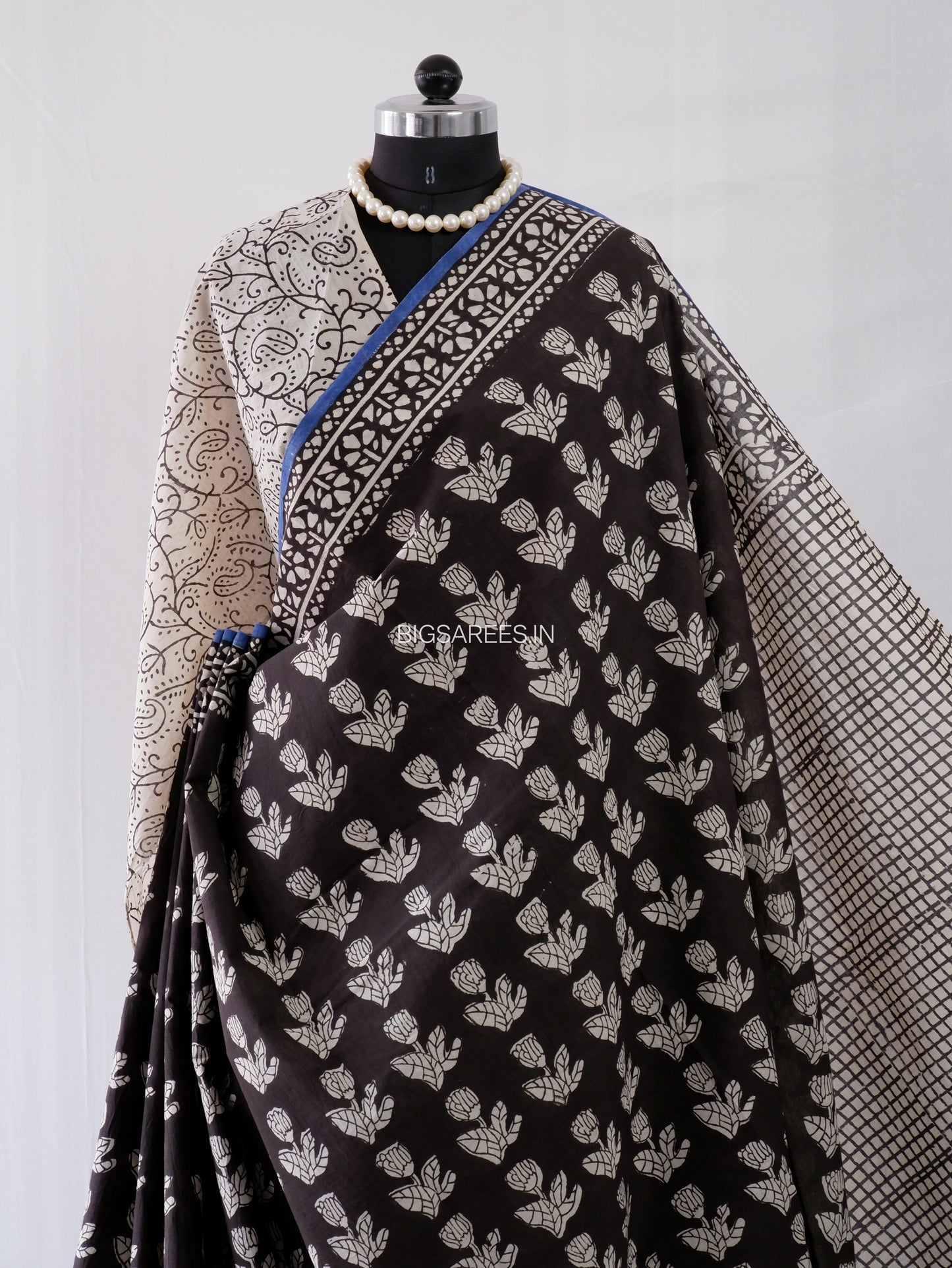 Hand Block Print Saree | Mal Mal Cotton | Black