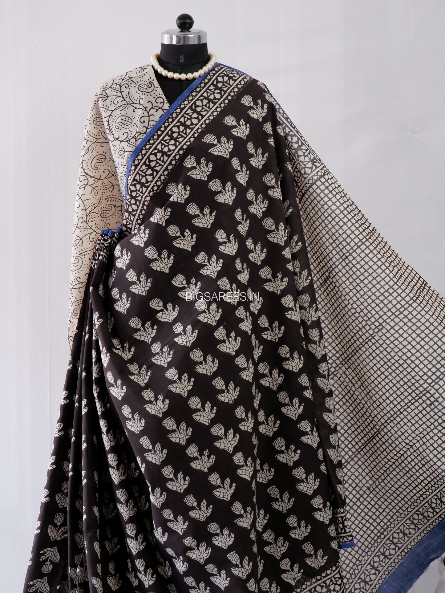 Hand Block Print Saree | Mal Mal Cotton | Black