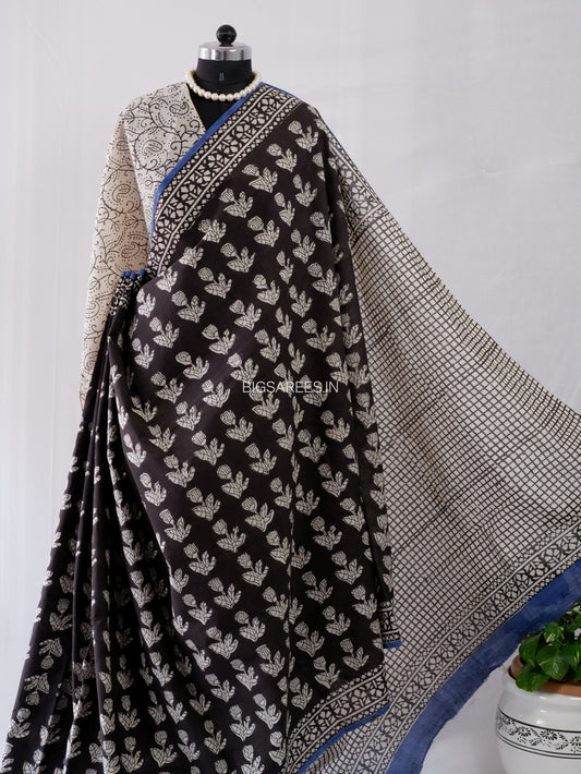 Hand Block Print Saree | Mal Mal Cotton | Black