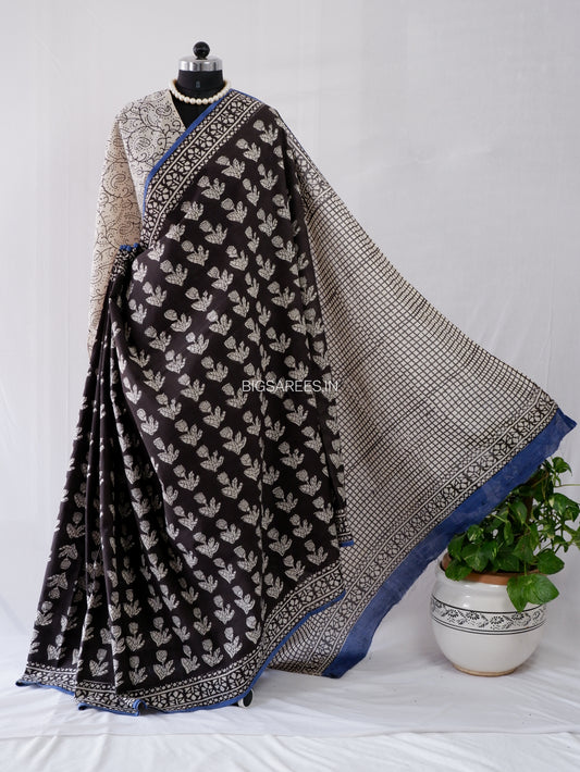 Hand Block Print Saree | Mal Mal Cotton | Black