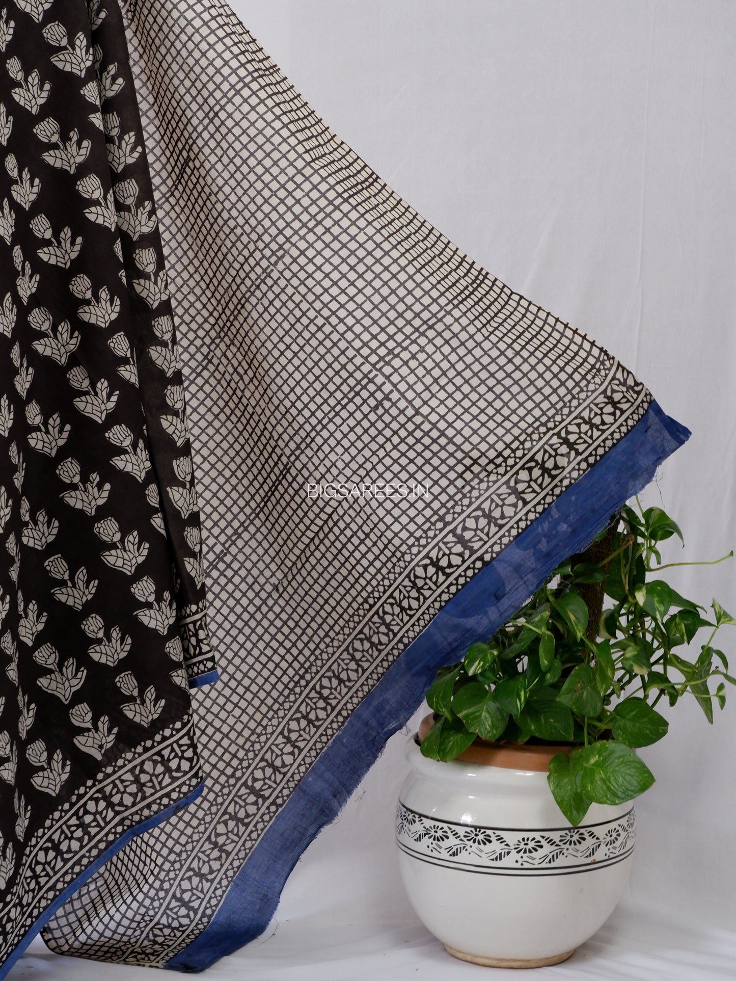 Hand Block Print Saree | Mal Mal Cotton | Black