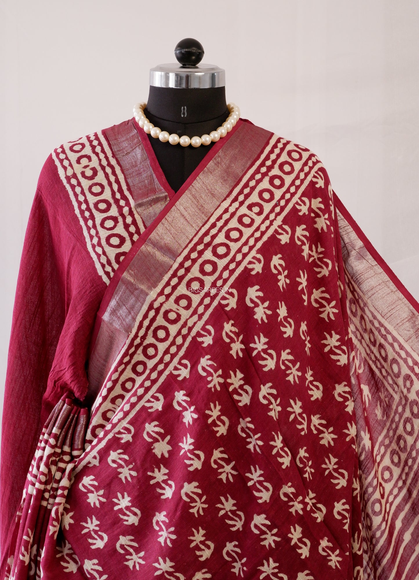 Hand Block Print Saree | Cotton Linen | Maroon